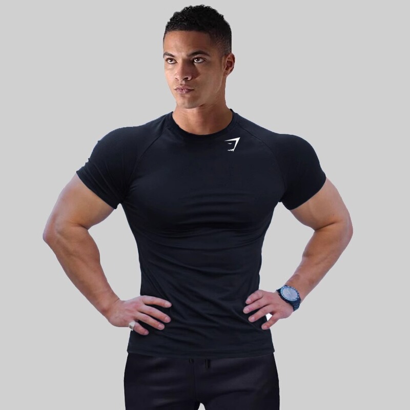 Cross-border New Muscle Sports T-shirt Men's Round Neck Fitness Short-sleeved Elastic Slim-fit Quick-dry Training Fitness Clothes for Summer