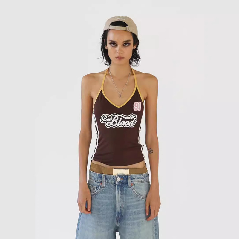 Badblood Camisole Women's Summer New Lace-up Neck Letter Print Slim-fit Backless Camisole Top 2024