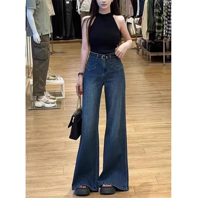 春夏の女性用プラスサイズダークブルーハイストリートデザインマイクロフレアジーンズハイウエストスリムワイドレッグフロアレングスパンツ|undefined