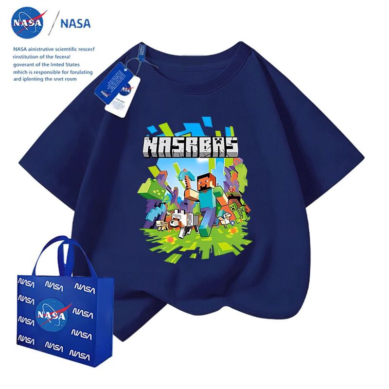 Nasa Minecraft Boys T-Shirt Summer Boys and Girls Cartoon Trendy Breathable Kindergarten Children's Short-Sleeved Tops