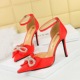 9863-H28 Hollow Shoes Women's Shoes High Heels Shallow Mouth Pointed Hollow Satin Pearl Bow Strap Sandals