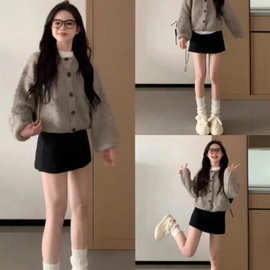 针织秋冬慵懒风新款上衣外套毛茸茸毛衣开衫显瘦短款圆领休闲百搭