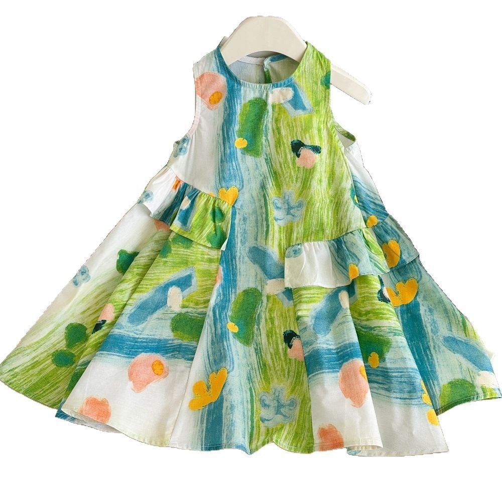 Vestido de algodón sin mangas de verano para siete niñas con limón salado 25 nuevo estilo de los niños falda de playa de estilo occidental falda de chaleco de bebé