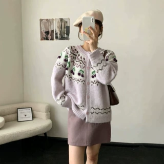 韩系费尔岛提花氛围感毛衣秋冬新款设计感甜美风圆领针织开衫上衣