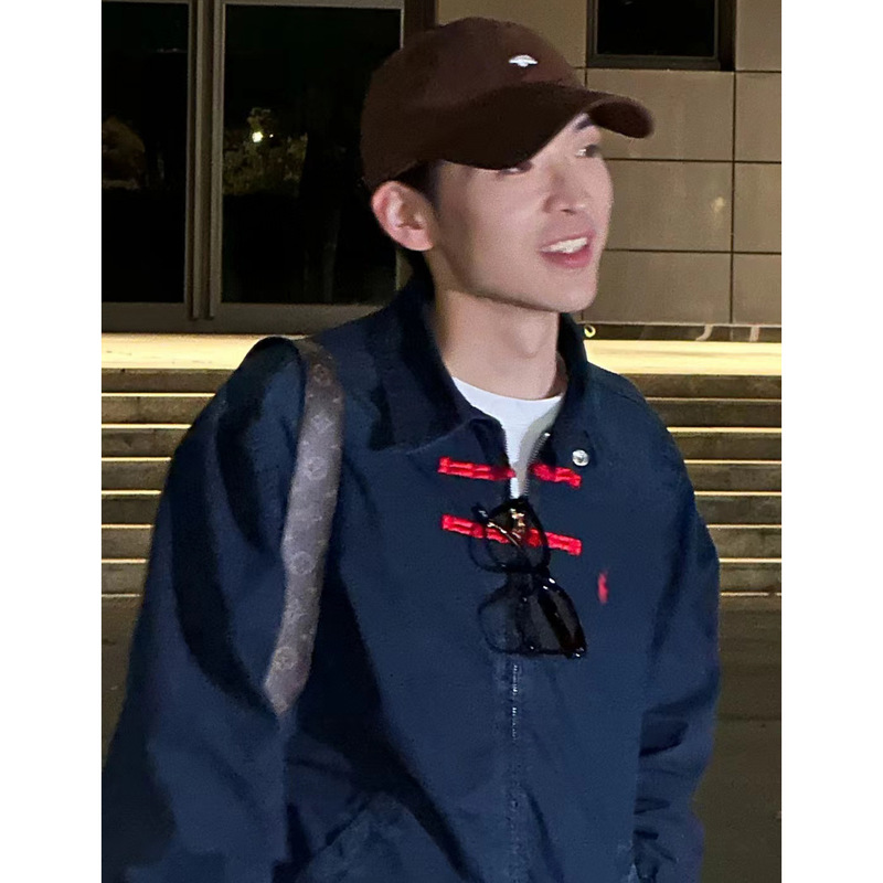 Rl X Cl Edison Chen Collaboration Red Silk Chinese-Style Button Washed Vintage Denim Jacket Unisex Trendy