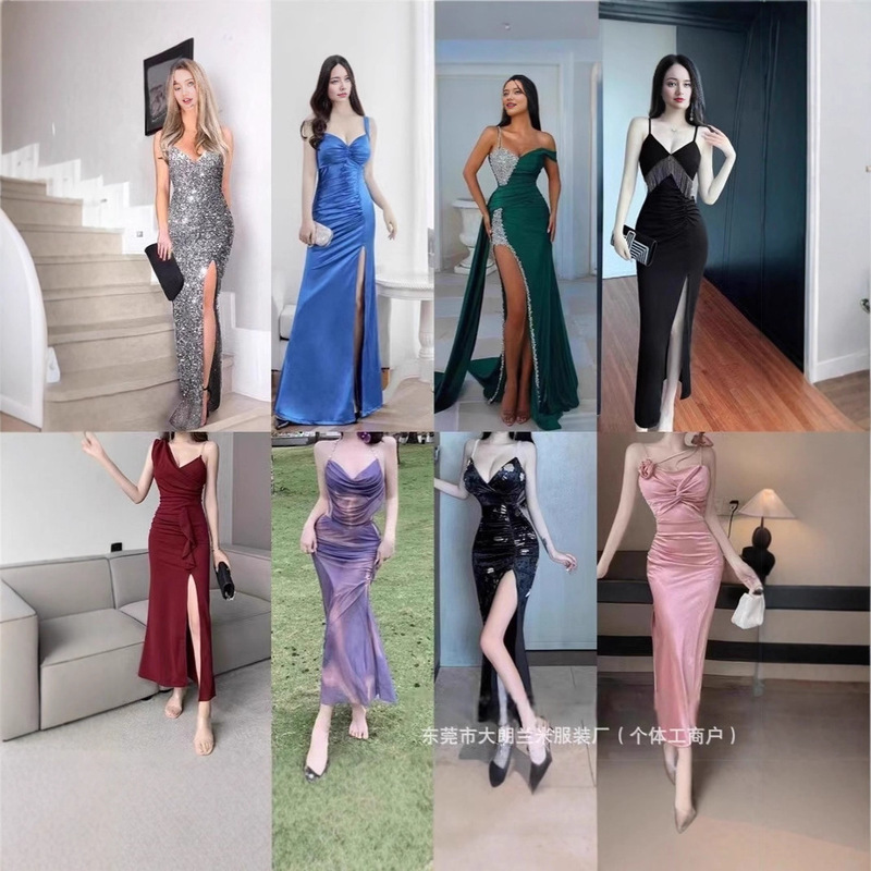 Shein New Women's Strapless High-End Satin Banquet Elegant Spaghetti Strap Slit Dress Supply