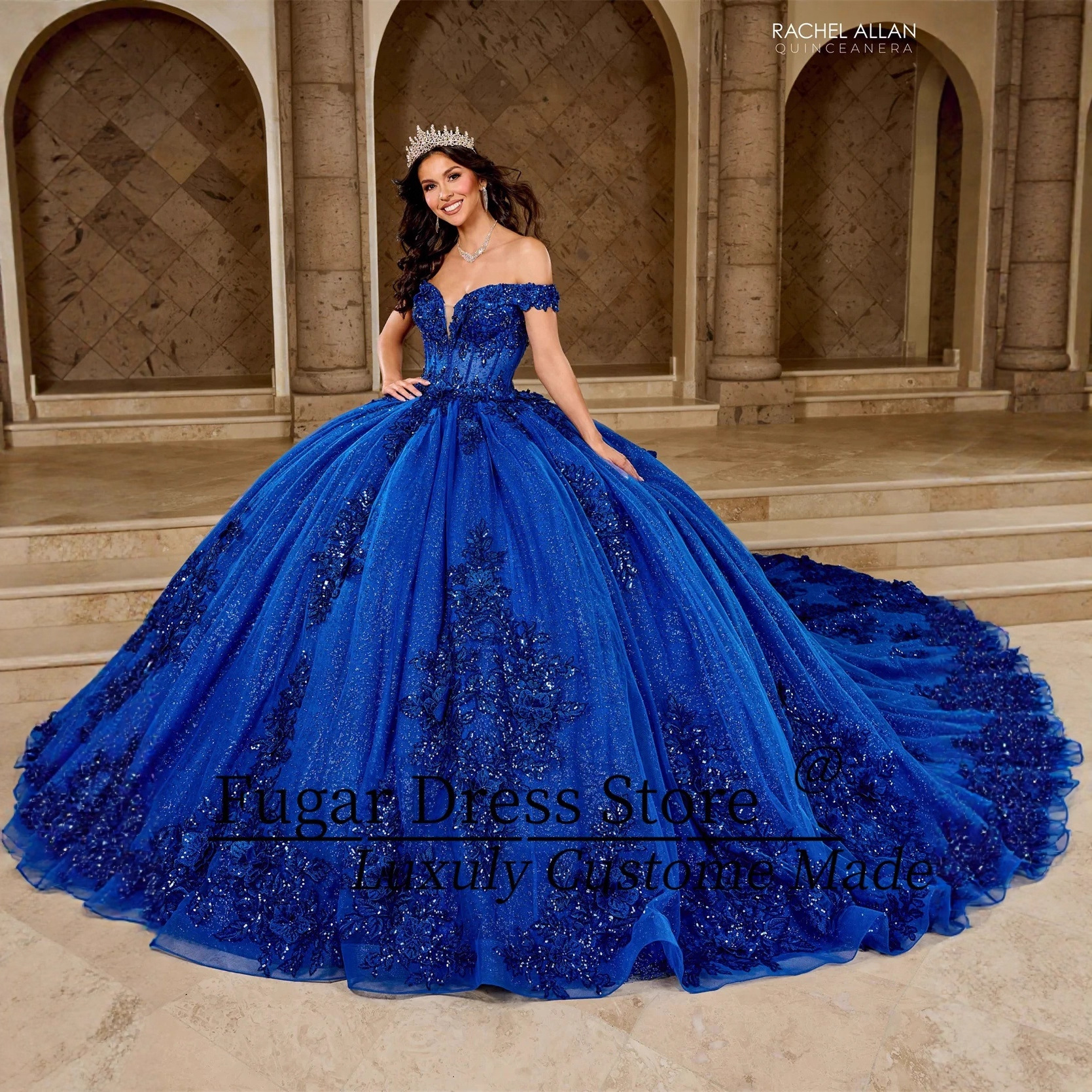 Blue Off-Shoulder Wedding Dress Banquet 2026 New Model Host Vocal Performance European and American Cross-Border Aliexpress Supply