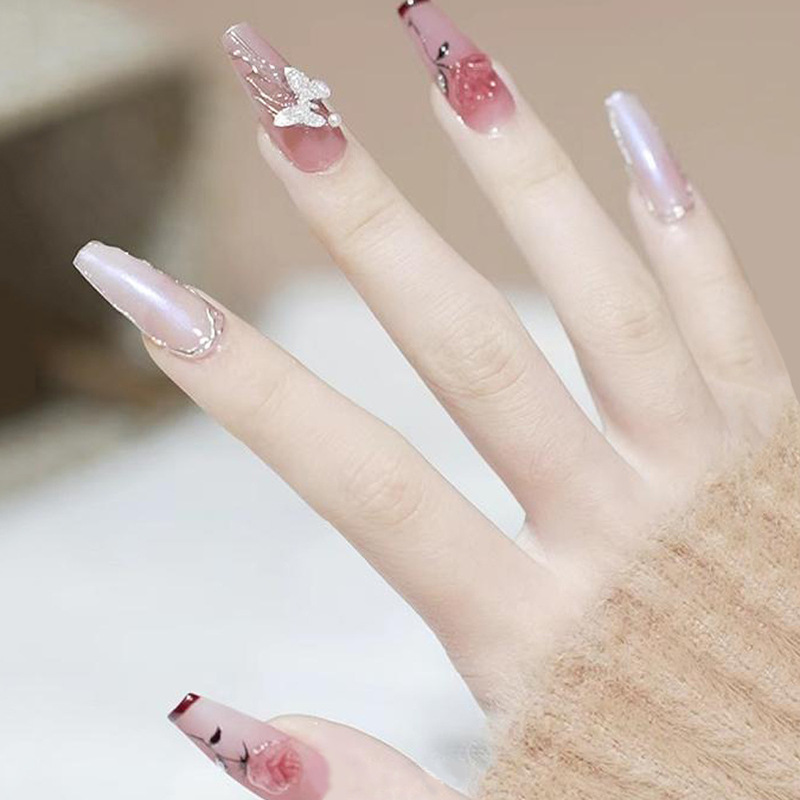 Retro Handmade Stereo Thick Phototherapy Wearable Nails Rose French Manicure Silver Butterfly Pearl Nail Patches 24 Pieces Retro Handmade Stereo Thick Phototherapy Wearable Nails Rose French Manicure Silver Butterfly Pearl Nail Patches 24 Pieces