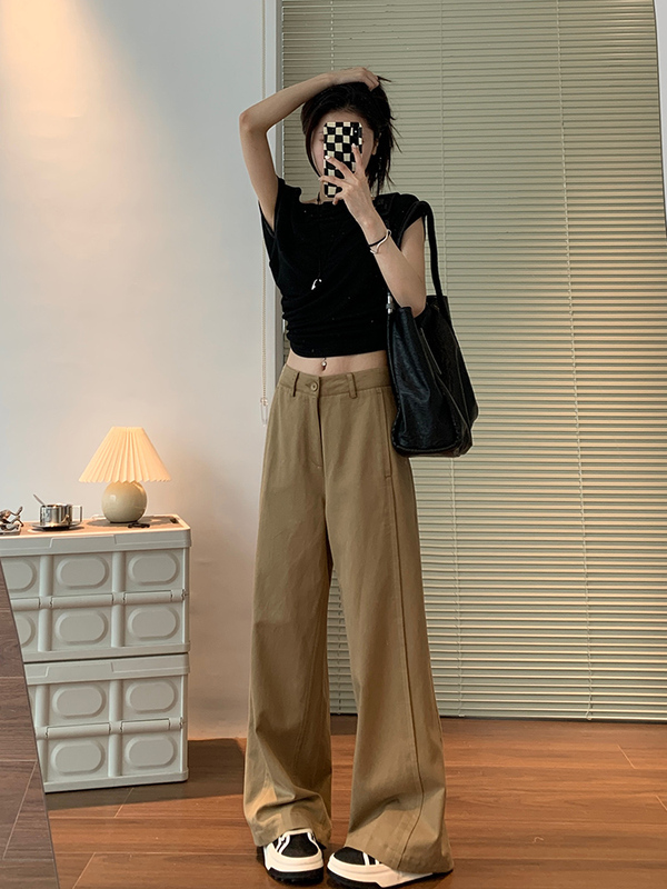 卡其色阔腿裤女夏莱赛尔天丝棉凉感工装空气裤休闲裤垂感西装裤子|undefined