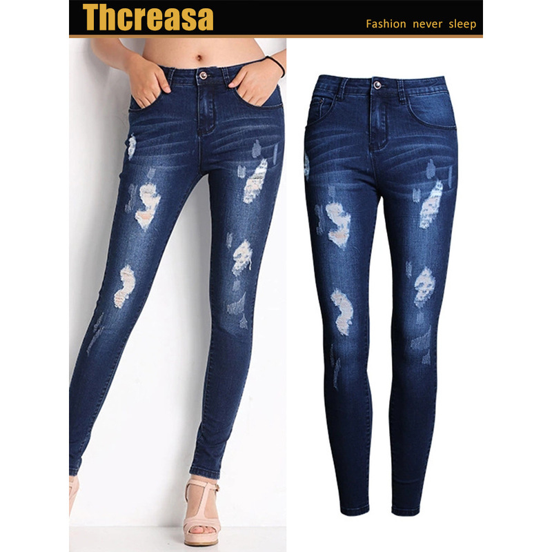 Aliexpress Women's European and American Style Washed White Slim Fit Ripped Pants Skinny Leg Pants Jeans Wholesale
