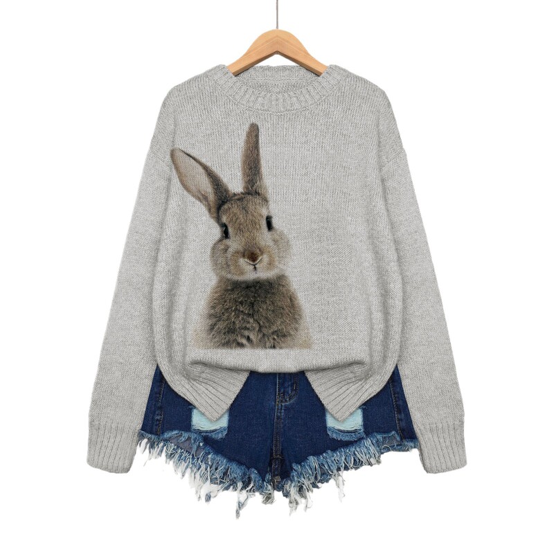 Amazon Foreign Trade Cross-Border Round Neck Contrasting Rabbit Print Loose Casual Woolen Pullover Top Amazon Foreign Trade Cross-Border Round Neck Contrasting Rabbit Print Loose Casual Woolen Pullover Top