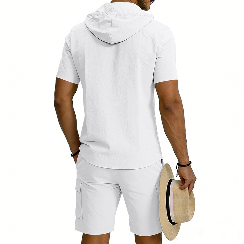 Men's Linen Hooded Short Sleeve Shirt With Workwear Shorts Set, Relaxed Fit Breathable Summer Outfit For Vacation And Casual Style_viptrois.com
