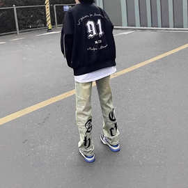 美式复古印花黄泥染牛仔裤男女同款秋冬高街直筒宽松水洗做旧长裤