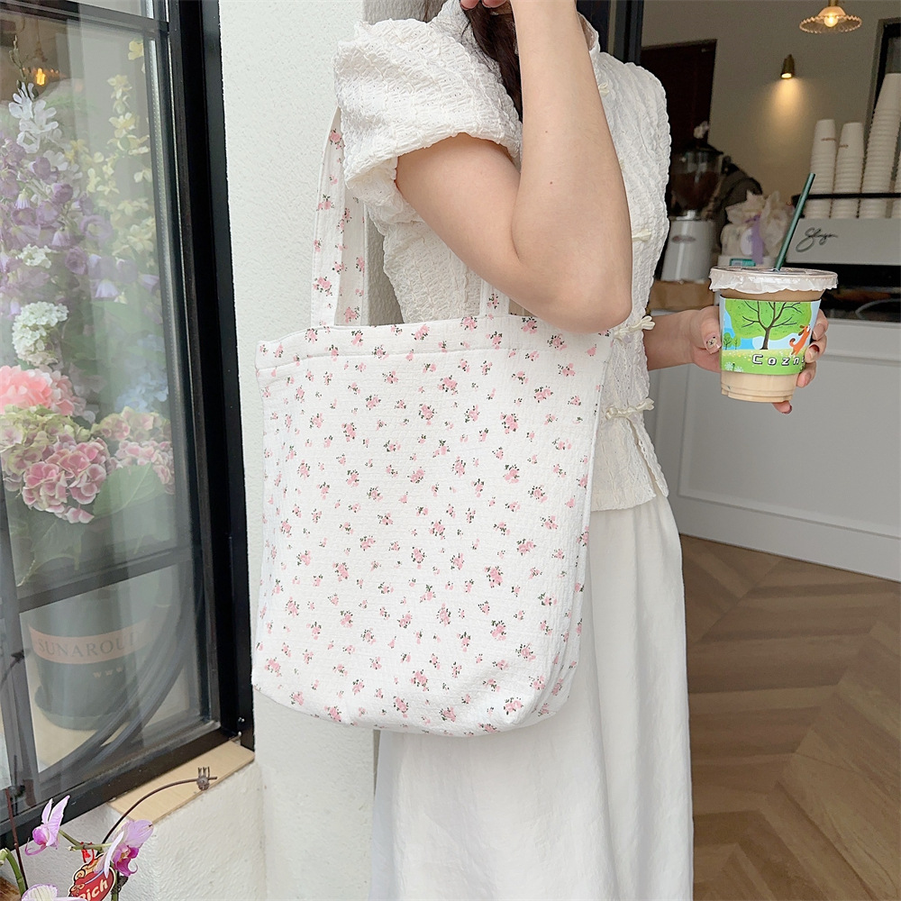 Spring Edition 44121 Canvas Bag, pure cotton floral canvas bag, tote bag, single-shoulder handbag, niche hand-held bag full figure