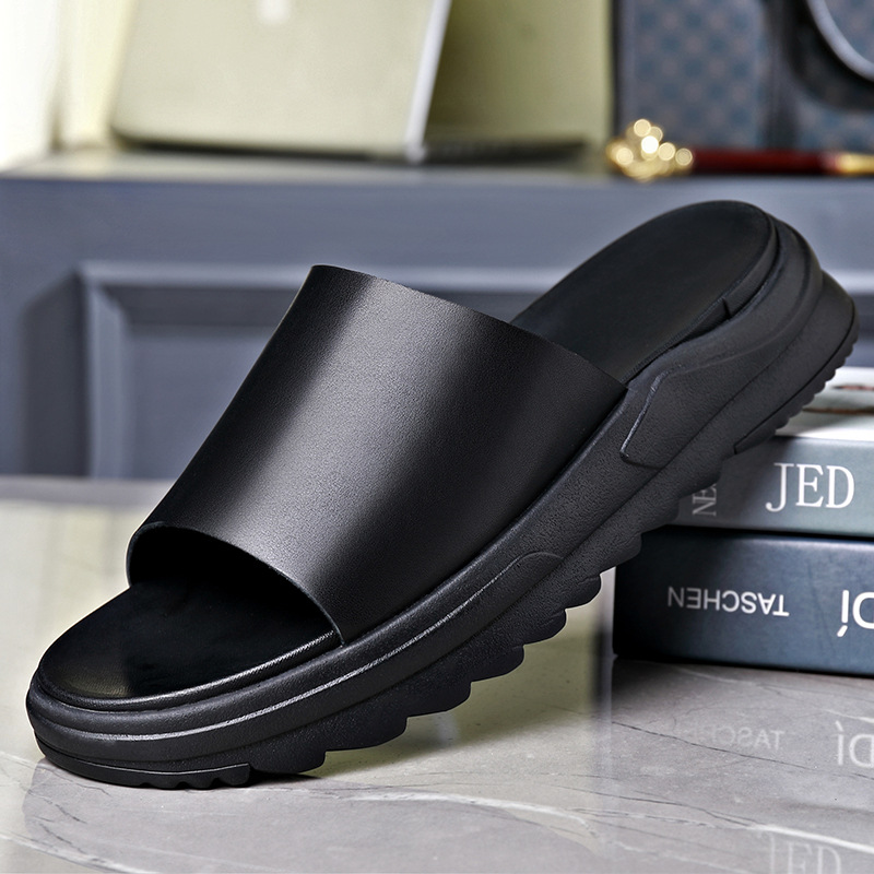 Summer Genuine Leather Casual Flip-on Slippers Trendy Fashionable Slip-on Sandals Lightweight Thick-soled Home Outdoor Men's Slippers