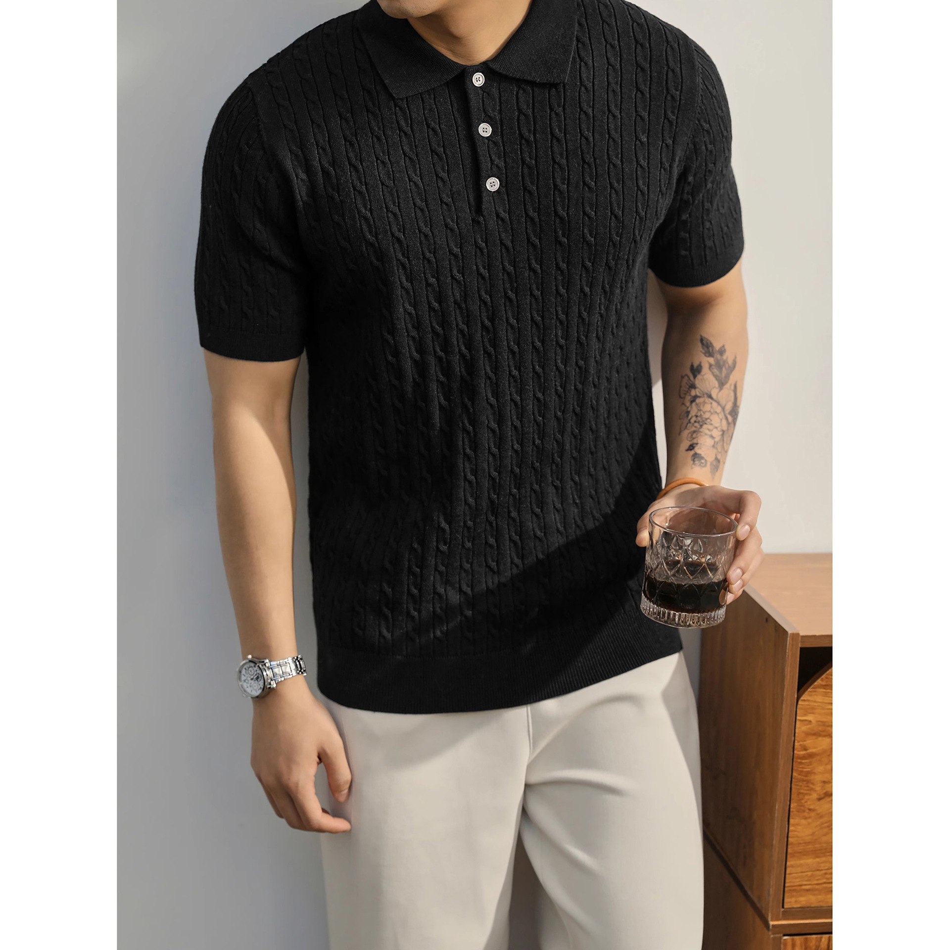 Polo camiseta de punto camiseta de manga corta camiseta de hombre solapa texturas de torsión viejos viento de hielo de verano fábrica transfronteriza al por mayor