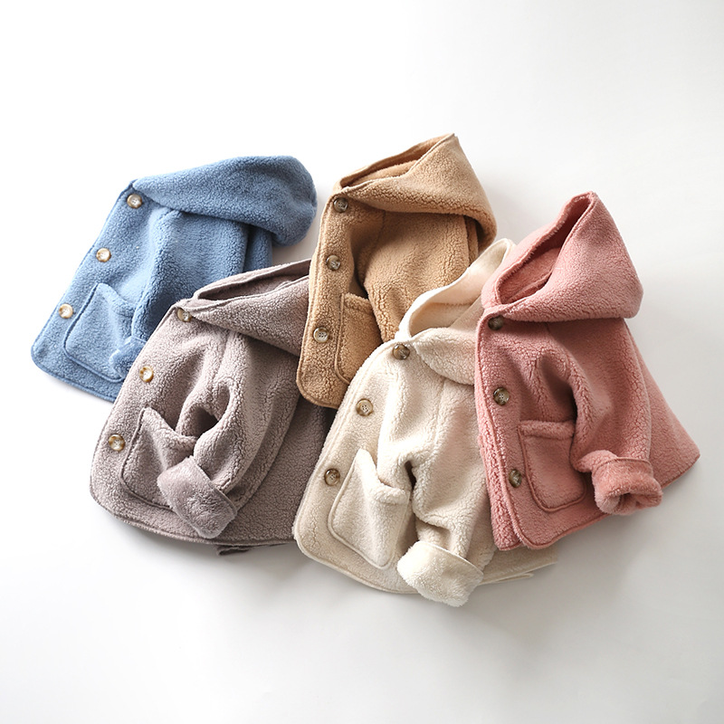 Children's hooded jacket with thick buttons warmth, cardigan boys girls, granular velvet for autumn and winter_voghion.com