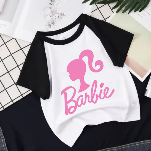 Barbie The Movie 芭比卡通图案印花中大童男女童休闲拼色短袖T恤