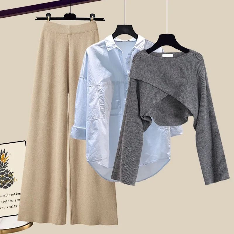 GraceChic Plus Size Damen Herbst/Winter Anzug 2025: Modischer Strickpullover, figurformende Hose mit weitem Bein_voghion.com