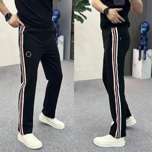 Spring and Autumn New thin draping pants men's casual pants striped stitching loose sweatpants elastic waist all-match straight trousers