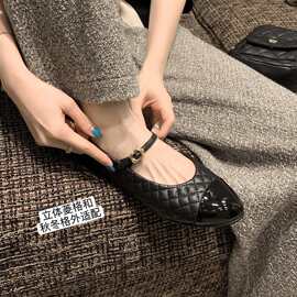 羊皮版小香风女鞋真皮菱格圆头一字扣浅口百搭单鞋女平底玛丽珍鞋