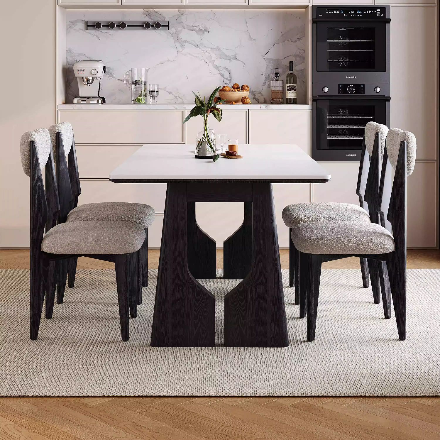 Mesa de comedor de tablero de roca blanca pura estilo medieval estilo crema estilo francés casa pequeña mesa de comedor de madera sólida combinación de mesa de comedor retro y silla