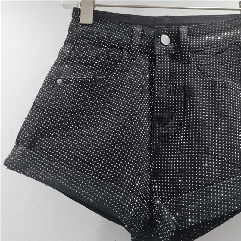 Pantalones Cortos Jeans con Pedrería para Mujer de Poliéster, Cintura Alta, Estilo Ultra Corto