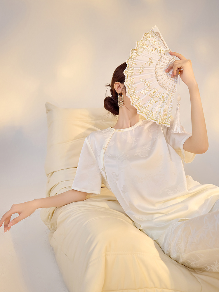 Áo thun nữ tay ngắn lụa tơ tằm jacquard trơn thiết kế đơn giản ZX M400 — Màu trắng