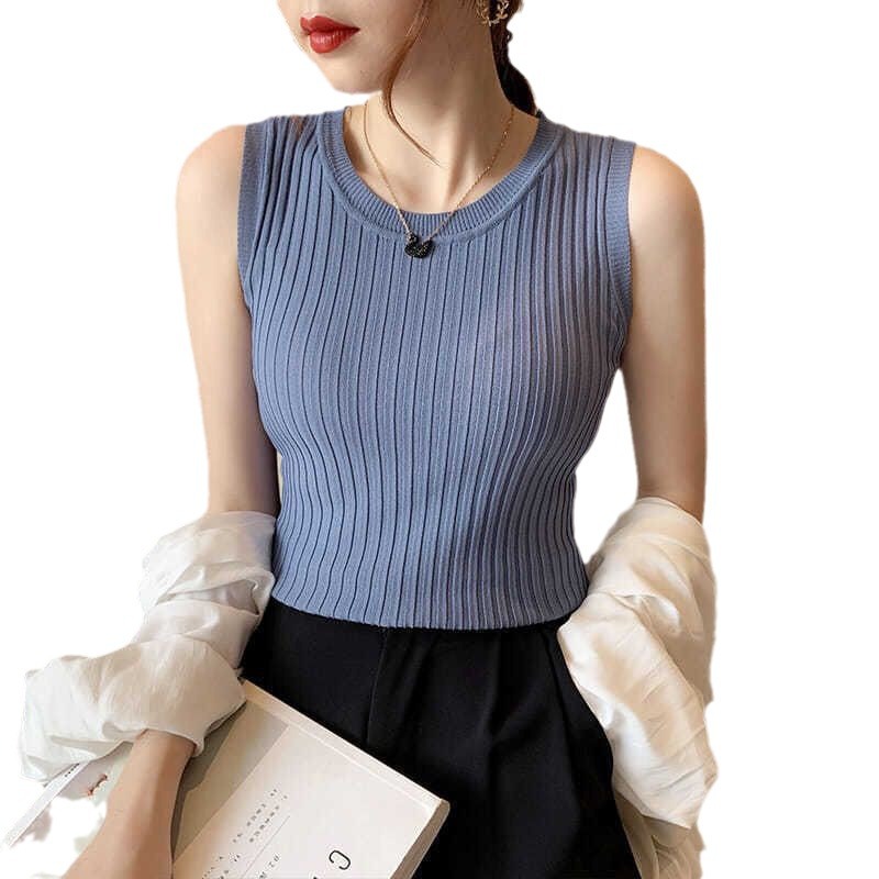 Summer women's outerwear, ice silk pure color knit crew neck sleeveless top, base layer, slimming and versatile