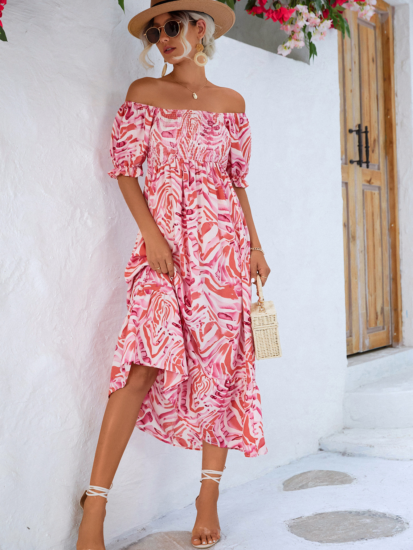 Women's A-line Skirt Vacation Boat Neck Printing Short Sleeve Flower Maxi Long Dress Street display picture 4