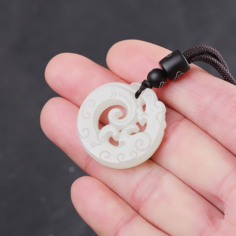 Mặt dây chuyền ngọc bích Hetian tự nhiên Tân Cương, ngọc trắng phong cách cổ, chạm khắc rỗng hình rồng chi tiết 2