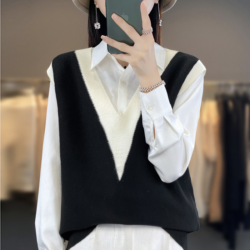 Otoño e Invierno de las nuevas mujeres de punto chaleco de lana suéter chaleco v contraste color suelta estilo coreano fábrica al por mayor image 6