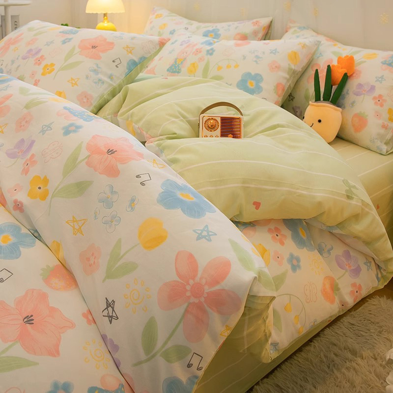 かわいいウサギの純綿ベッド4点セット、綿子供用女の子プリンセス寝具3点セット、ベッドシーツ、掛け布団カバー|undefined