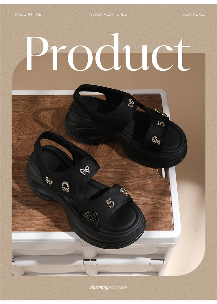 Dép sandal nữ đế dày rỗng mùa hè 2025 đế nêm tăng chiều cao quai Velcro — 7205 thẻ xanh và 5cm, 7205 đen và 5cm chi tiết 3