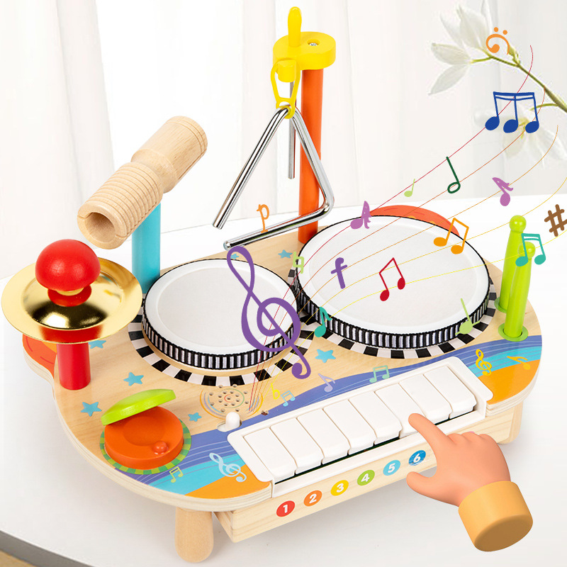 Estante multifuncional de madera tambor piano percusión música infantil iluminación infantil juguetes de educación temprana