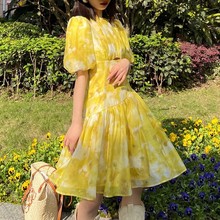 特价清仓繁夏柠香 小众设计修身法式印花纯欲连衣裙夏不退不换