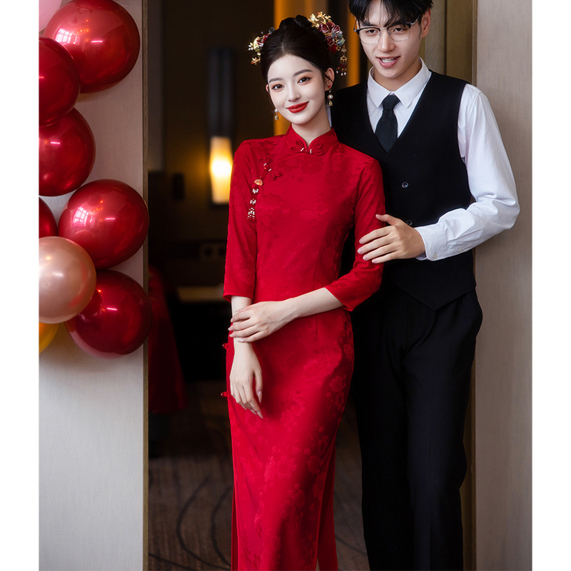 Qipao Toast Dress, Bride's Dress, New Red Engagement Dress, Wedding Banquet Dress, New Chinese Style Long-Sleeved Wedding Dress