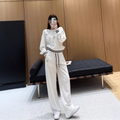 南油婦人服卸売2025初秋ストライプ丸首スウェットシャツ女性用ゴムウエストドローストリングストレートパンツカジュアルスーツ