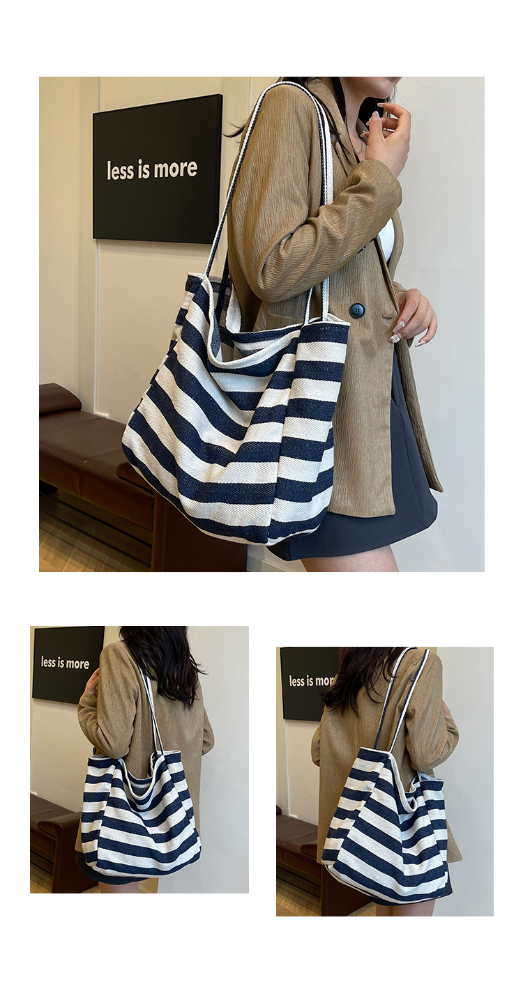 Laid-back striped canvas bag, Korean ins artistic color-blocking tote bag, large-capacity single-shoulder bag, shopping bag, large bag undefined