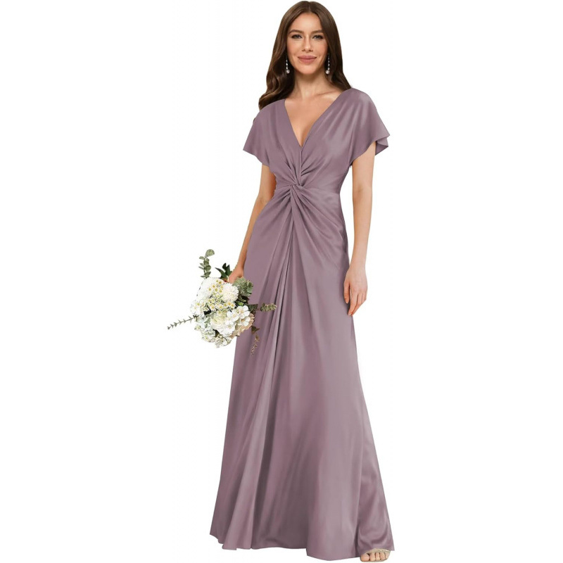 Europa y América transfronterizos 2026 verano nuevo satén de mangas cortas vestido de boda formal vestido de dama de honor