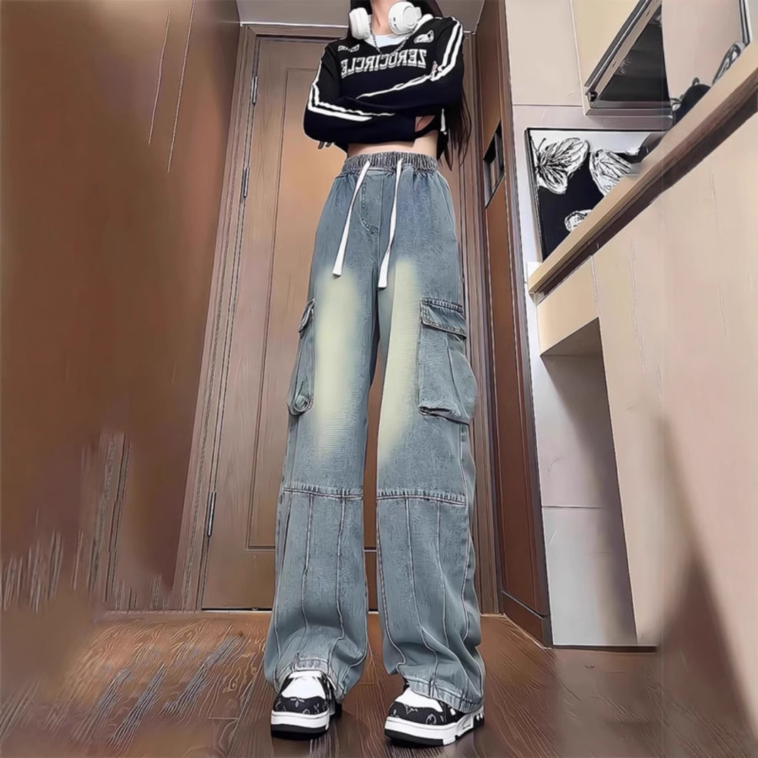 复古工装牛仔裤男女秋季拼接设计感直筒裤松紧腰抽绳直筒裤子代发