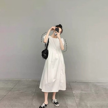 2022年夏装新款小个子赫本风别致衬衫裙女高级感泡泡袖白色连衣裙