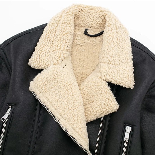 Women's Clothing winter new street style double sided fleece leather jacket casual motorcycle style leather jacket_voghion.com