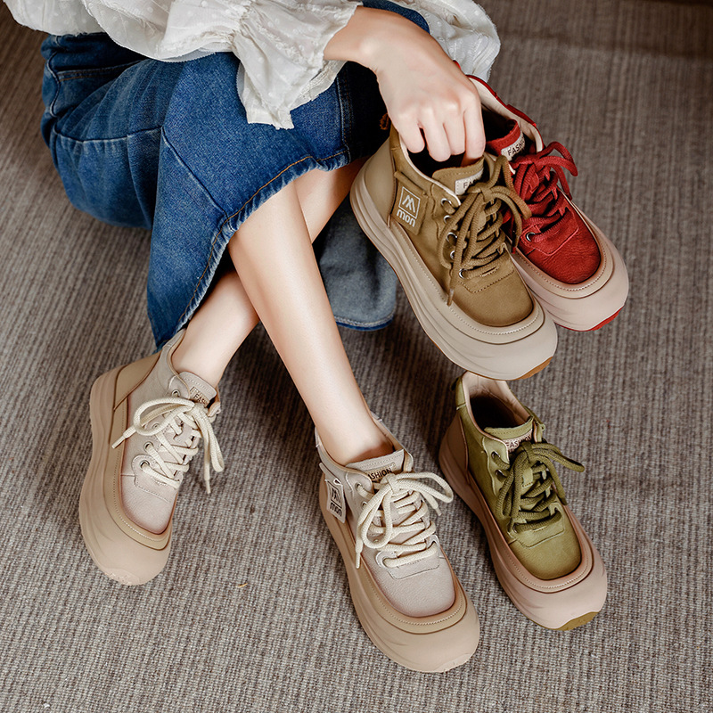 2025秋冬新款头层牛皮复古厚底高帮鞋牛皮短靴系带运动休闲鞋