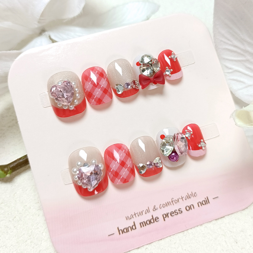 10 piezas de puntas de uñas estilo ojo de gato con diseños diferentes, puntas de uñas cortas con forma de corazón y diamantes de imitación, puntas de uñas hechas a mano con un toque de alta gama.