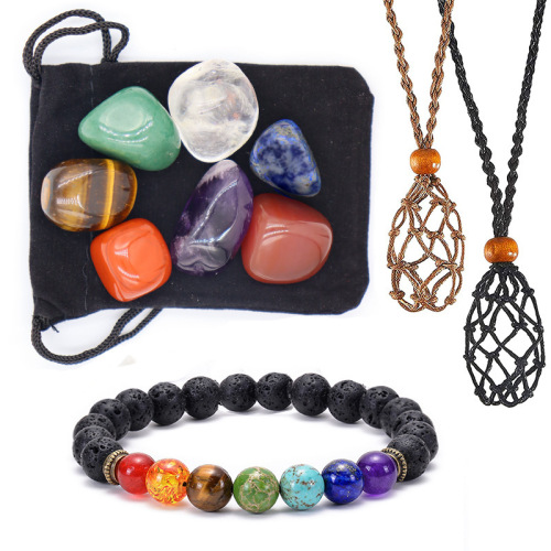 Large irregular natural stone yoga stone bracelet set mesh bag woven DIY necklace pendant