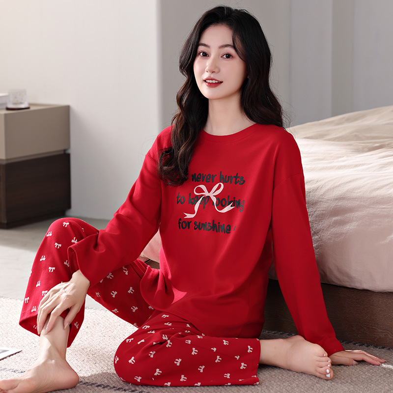 붉은 여성 잠옷 봄과 가을 면화 2025 년 뱀의 새 플러스 사이즈 통통녀 가을과 겨울 올해 가정 의류 도매
