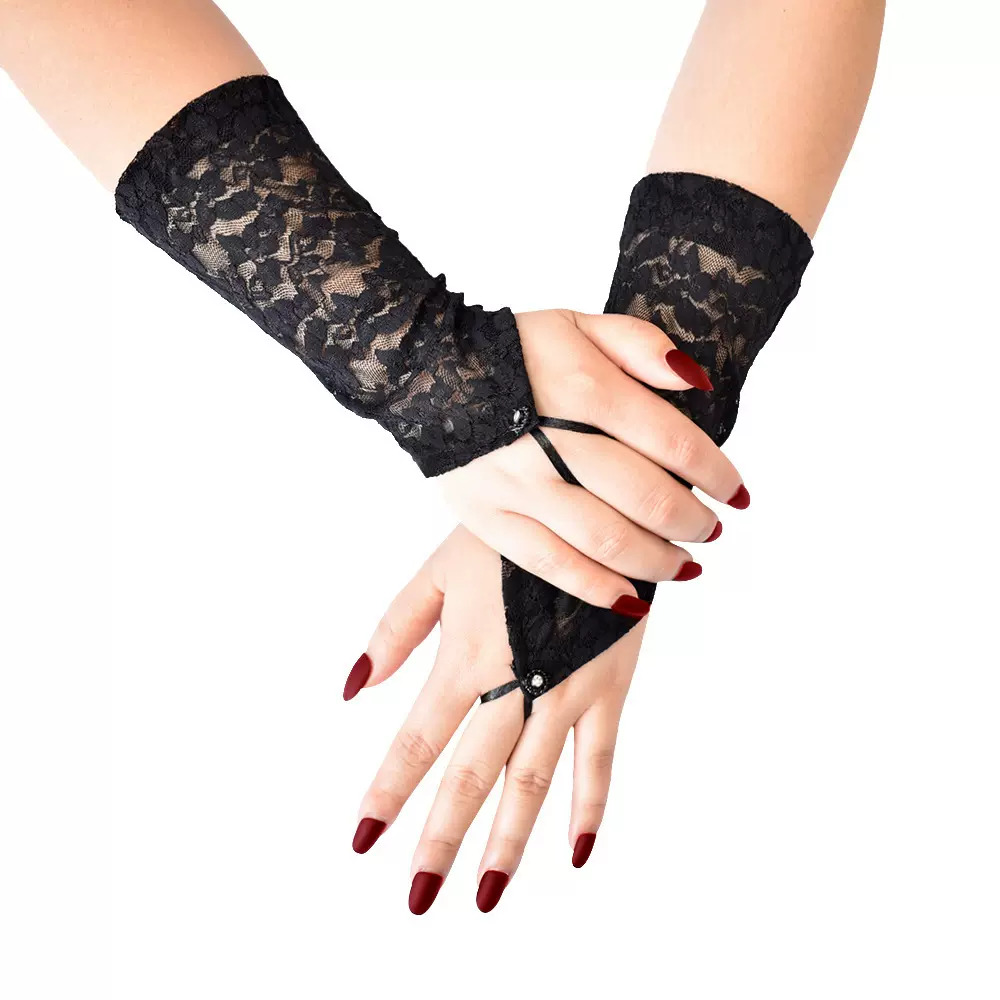 婚礼派对蕾丝手套露指黑色性感袖套情趣手套女士短款蕾丝手套带钻