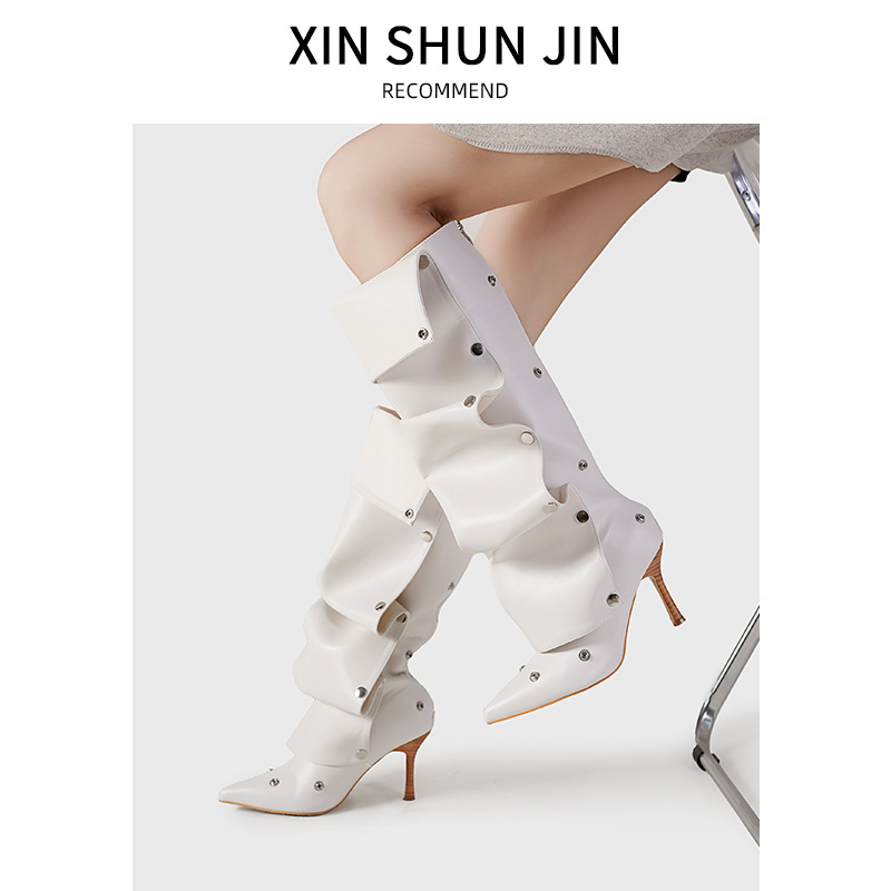Women's Shoes rivet buckle splicing two way wear stiletto denim pleated pile boots female personality hot girl fashion long boots female_voghion.com