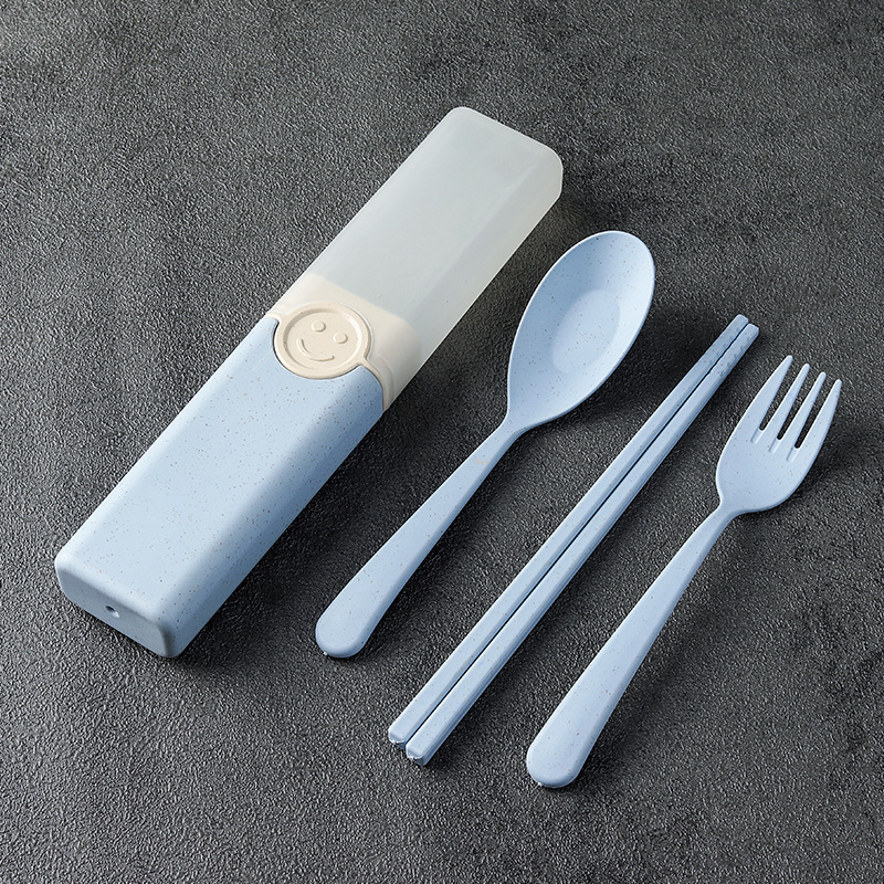 Cuchillo portátil, tenedor y cuchara conjunto de tres piezas de trigo estudiante de viaje palillos, tenedor y cuchara trabajo en caja Smiley vajilla traje logo